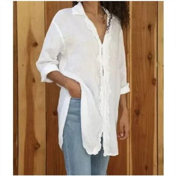 CP Shades Tops - CP Shades Ruffle Top White Size Extra Large Linen Tunic Length